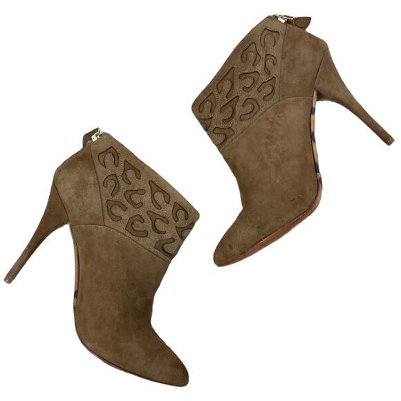 Rebecca Taylor suede ankle booties tan leather high heel, laser cut leopard cuff - Picture 4 of 10